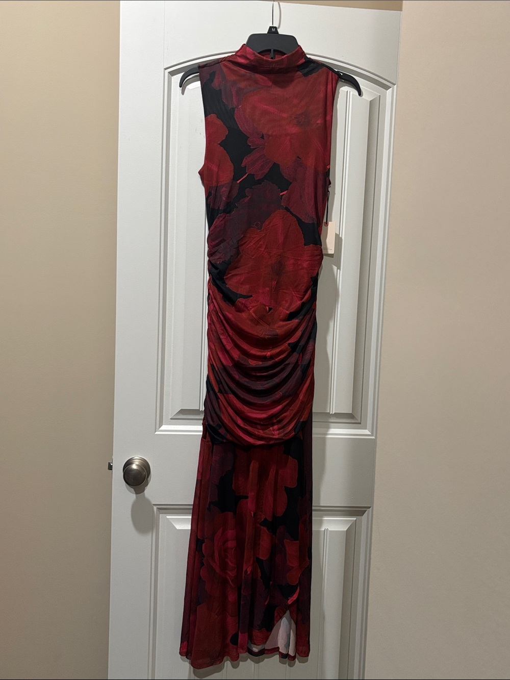 Sleeveless Red and Black Floral Maxi Dress with Mock Neck